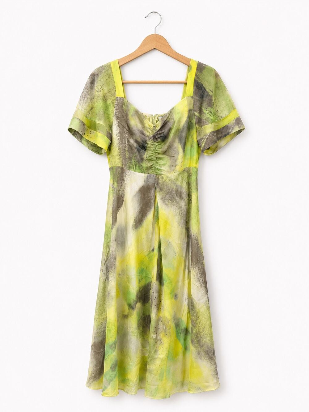 DKNY Abstract Watercolor Dress Green Yellow Ruched Sweetheart Neck Medium